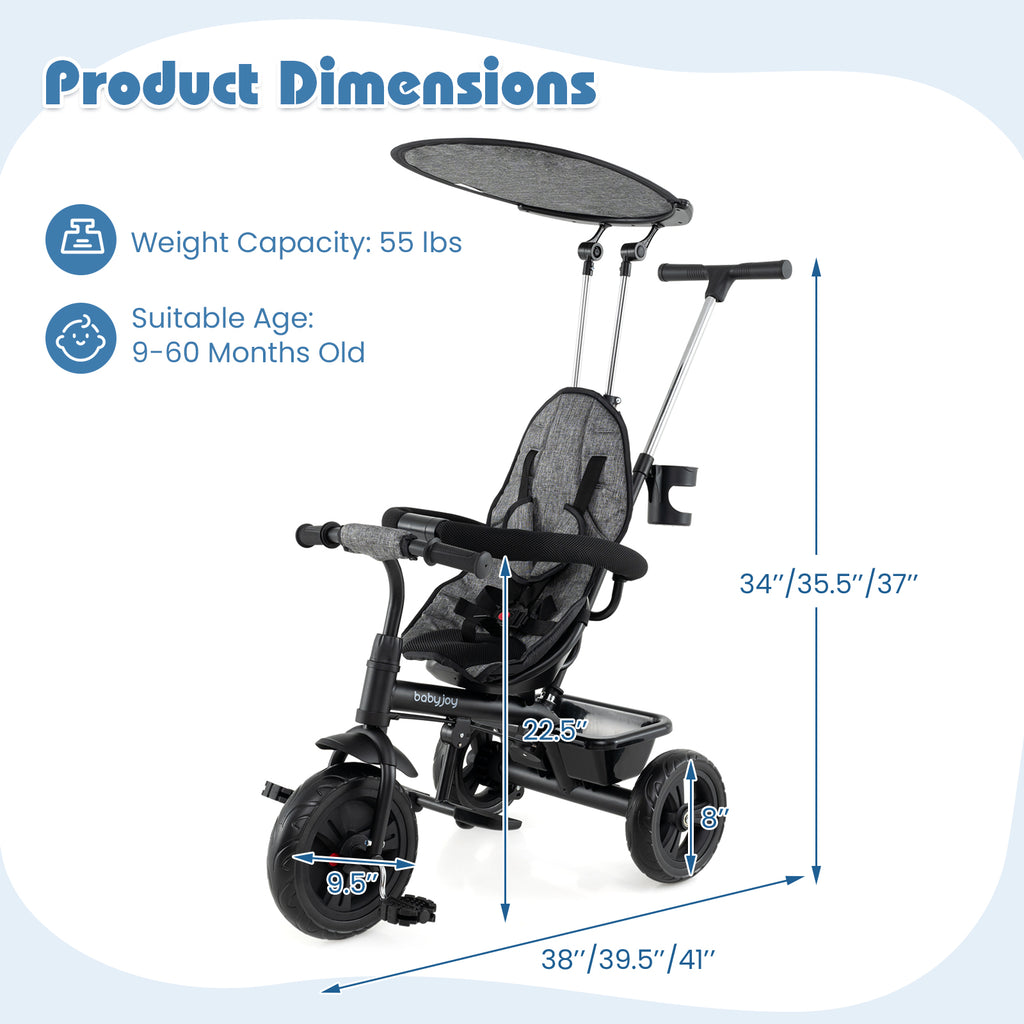 7-in-1 Baby Stroller Tricycle with Adjustable Canopy & Foldable Footrests - Gray