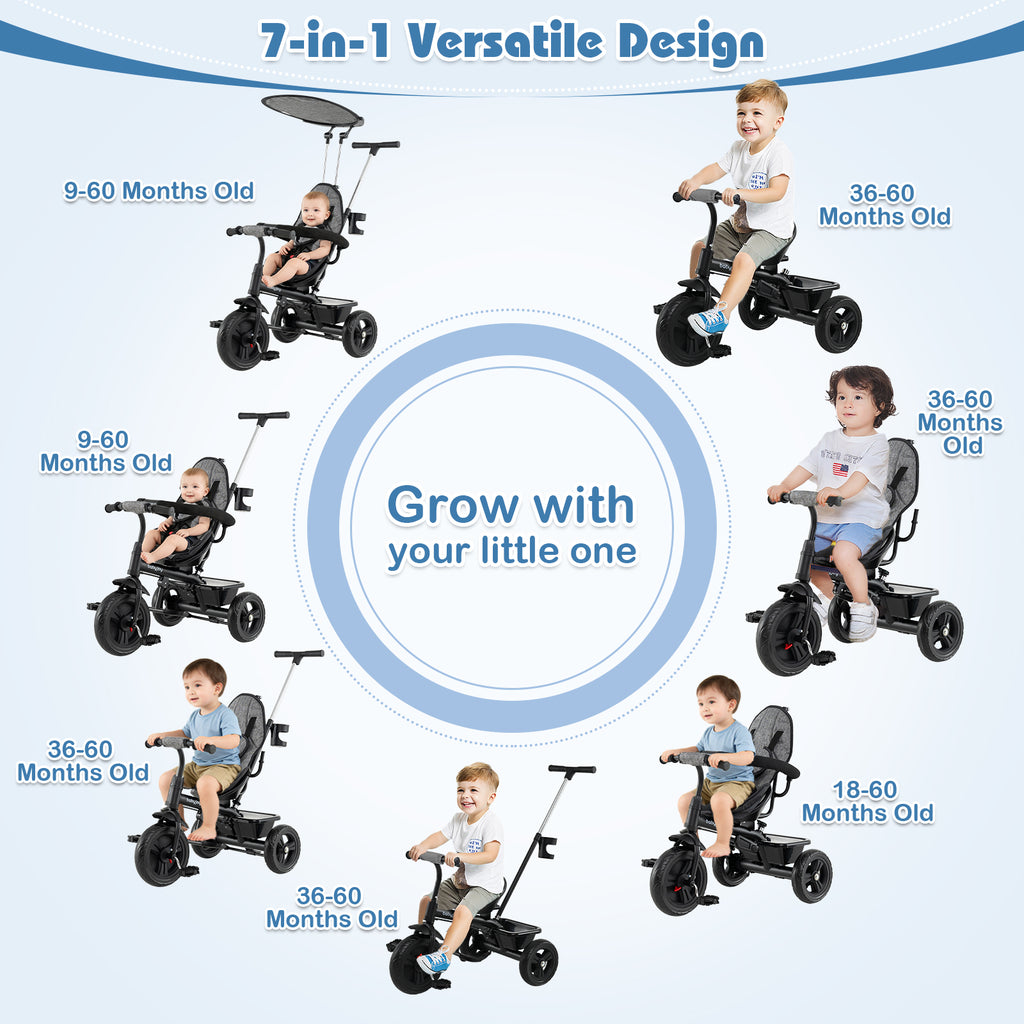 7-in-1 Baby Stroller Tricycle with Adjustable Canopy & Foldable Footrests - Gray