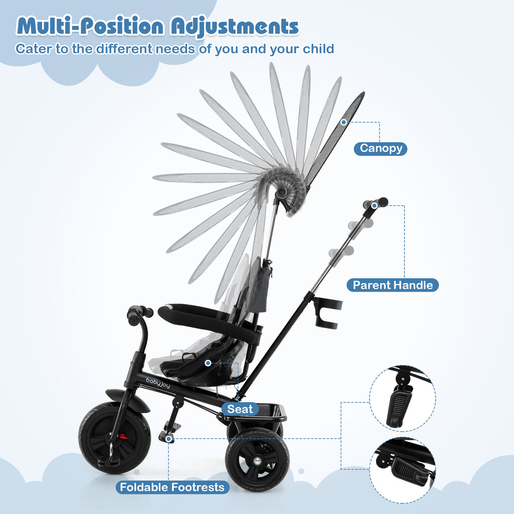 7-in-1 Baby Stroller Tricycle with Adjustable Canopy & Foldable Footrests - Gray