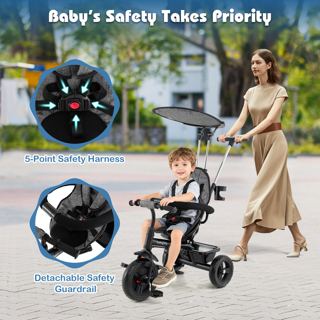 7-in-1 Baby Stroller Tricycle with Adjustable Canopy & Foldable Footrests - Gray