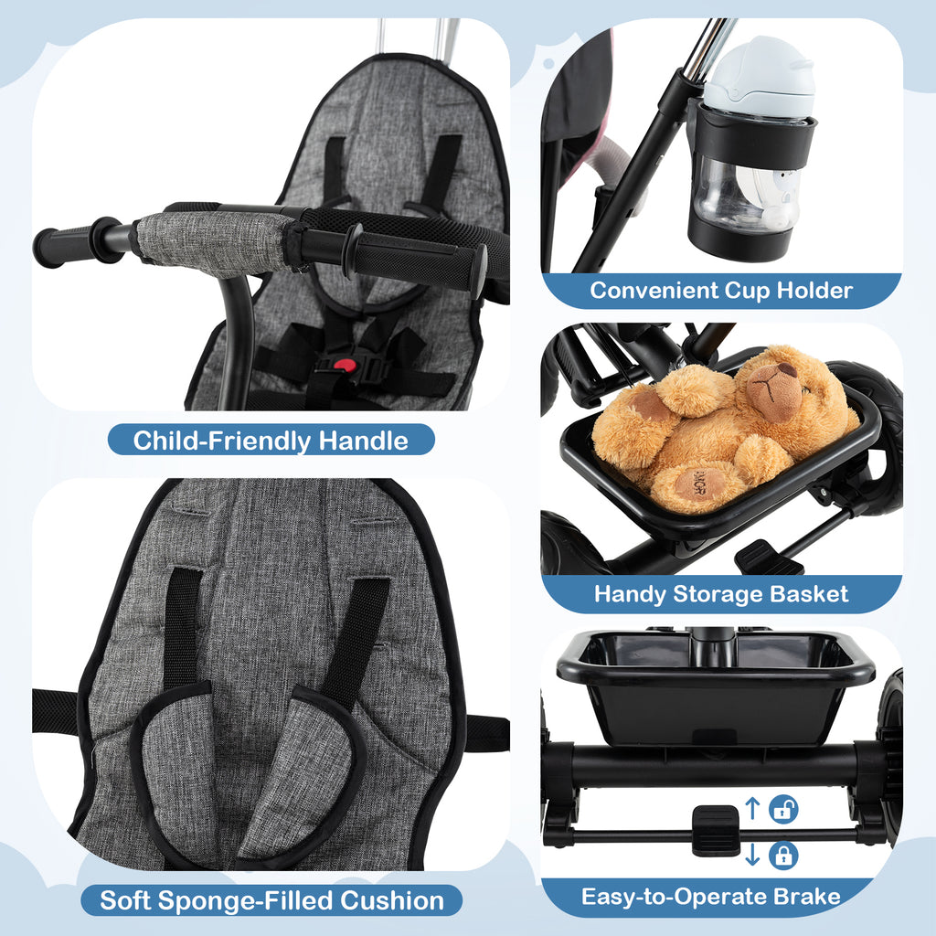 7-in-1 Baby Stroller Tricycle with Adjustable Canopy & Foldable Footrests - Gray
