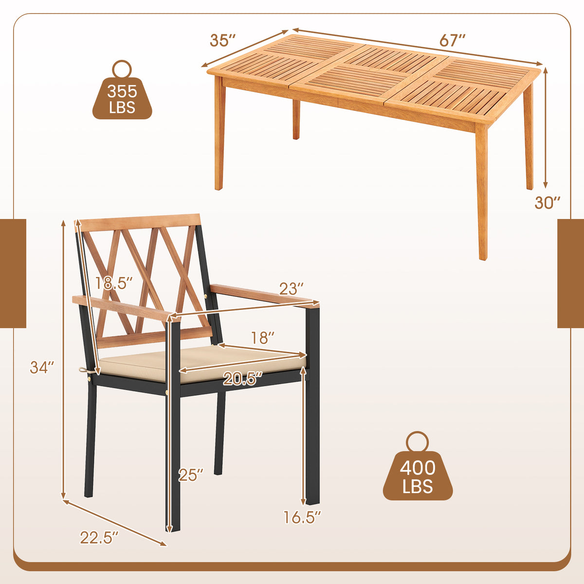 7 Piece Patio Acacia Wood Dining Set Solid Wooden Furniture with