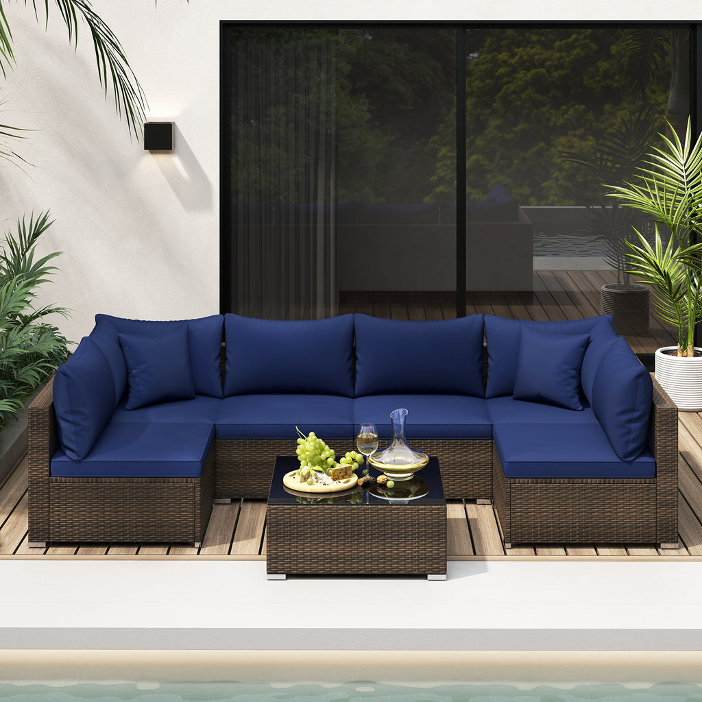 7 Pieces Patio Rattan Furniture Set with Sectional Sofa Cushions