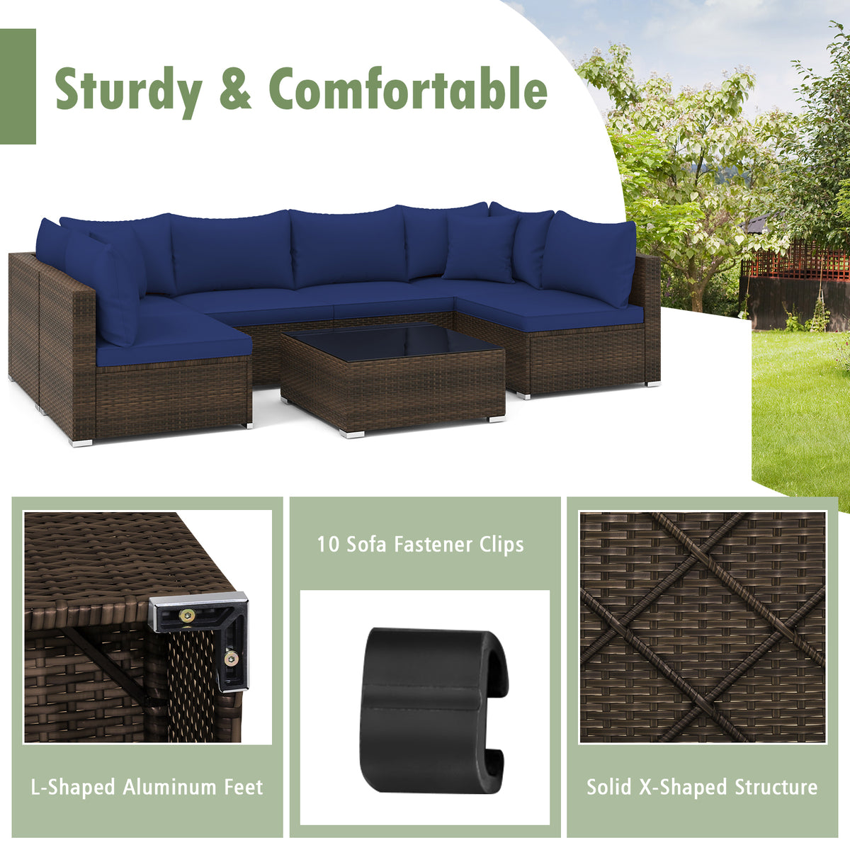 7 Pieces Patio Rattan Furniture Set with Sectional Sofa Cushions