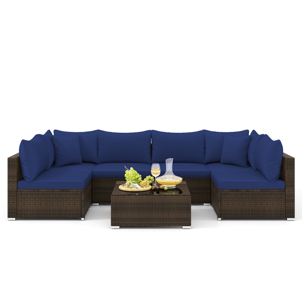 7 Pieces Patio Rattan Furniture Set with Sectional Sofa Cushions