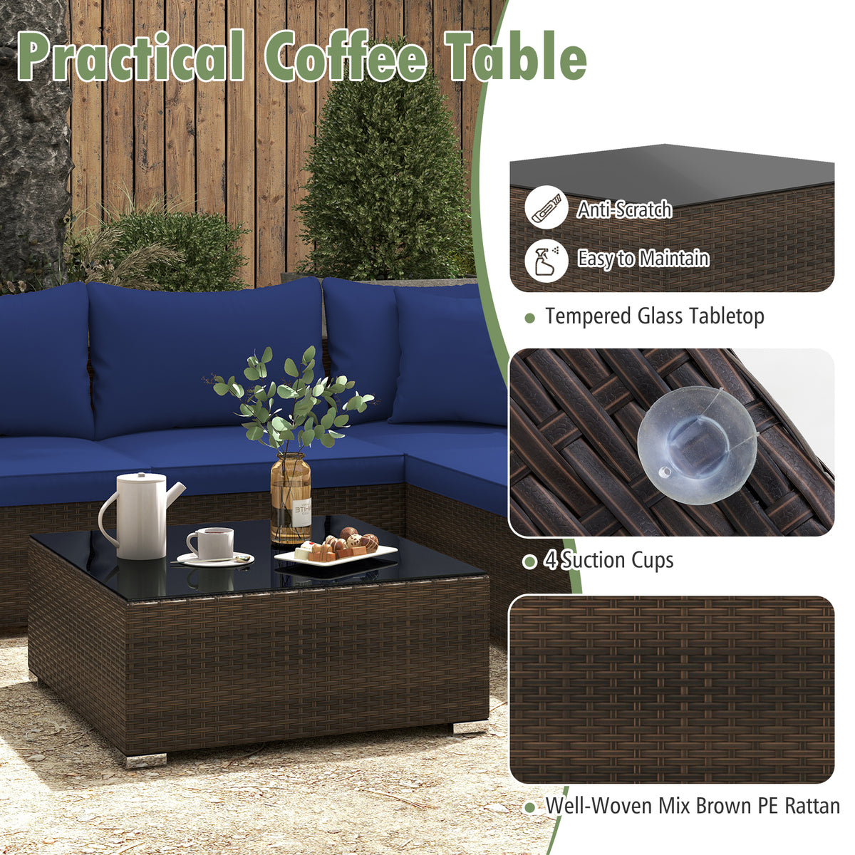 7 Pieces Patio Rattan Furniture Set with Sectional Sofa Cushions