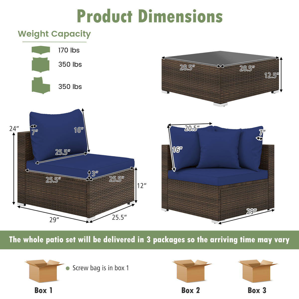 7 Pieces Patio Rattan Furniture Set with Sectional Sofa Cushions