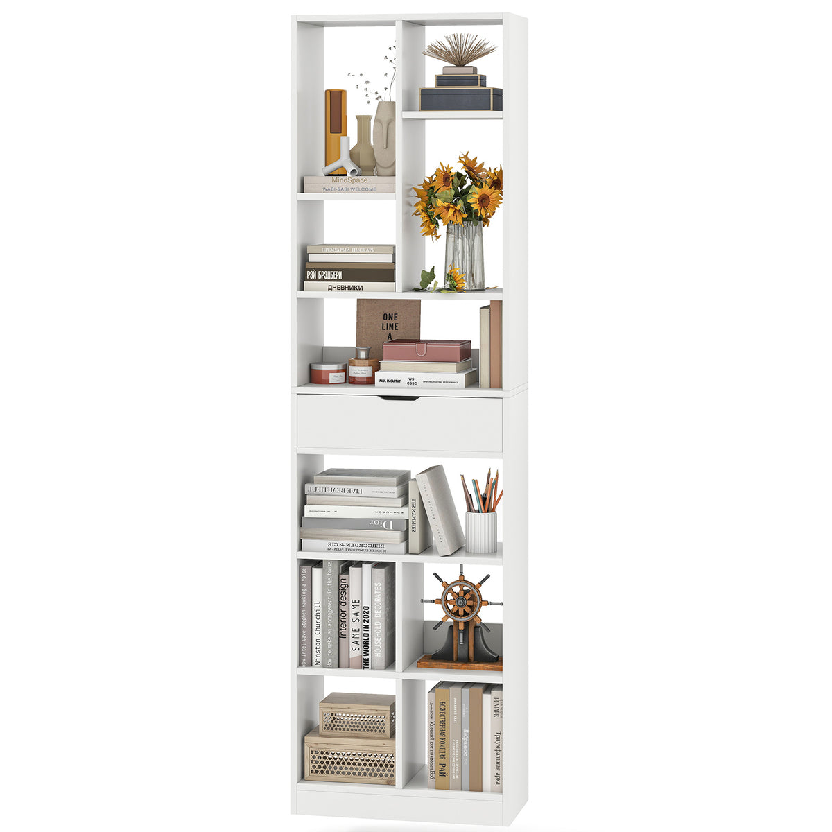 7-tier Bookshelf with Drawer 180cm Floor Standing Display Rack