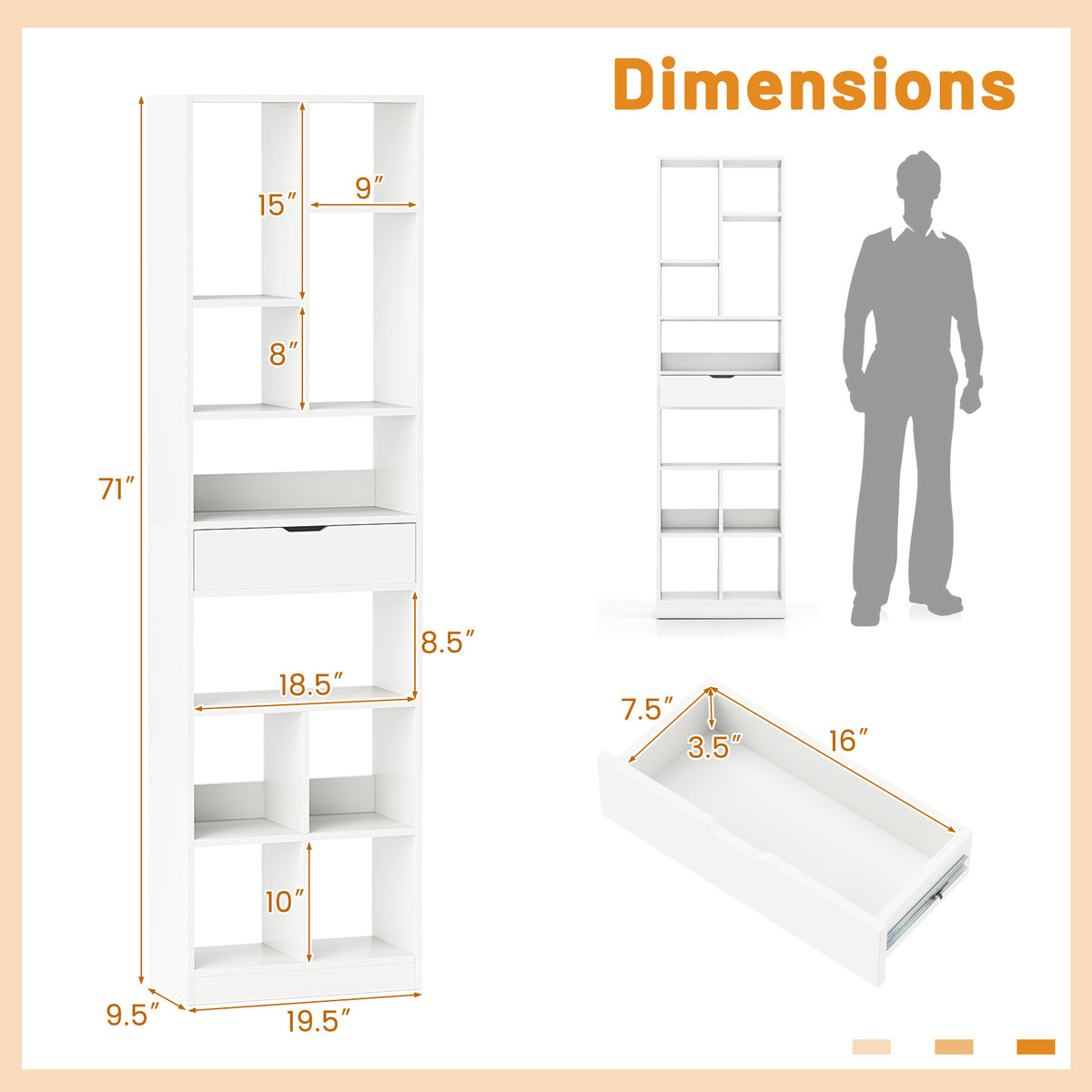 7-tier Bookshelf with Drawer 180cm Floor Standing Display Rack