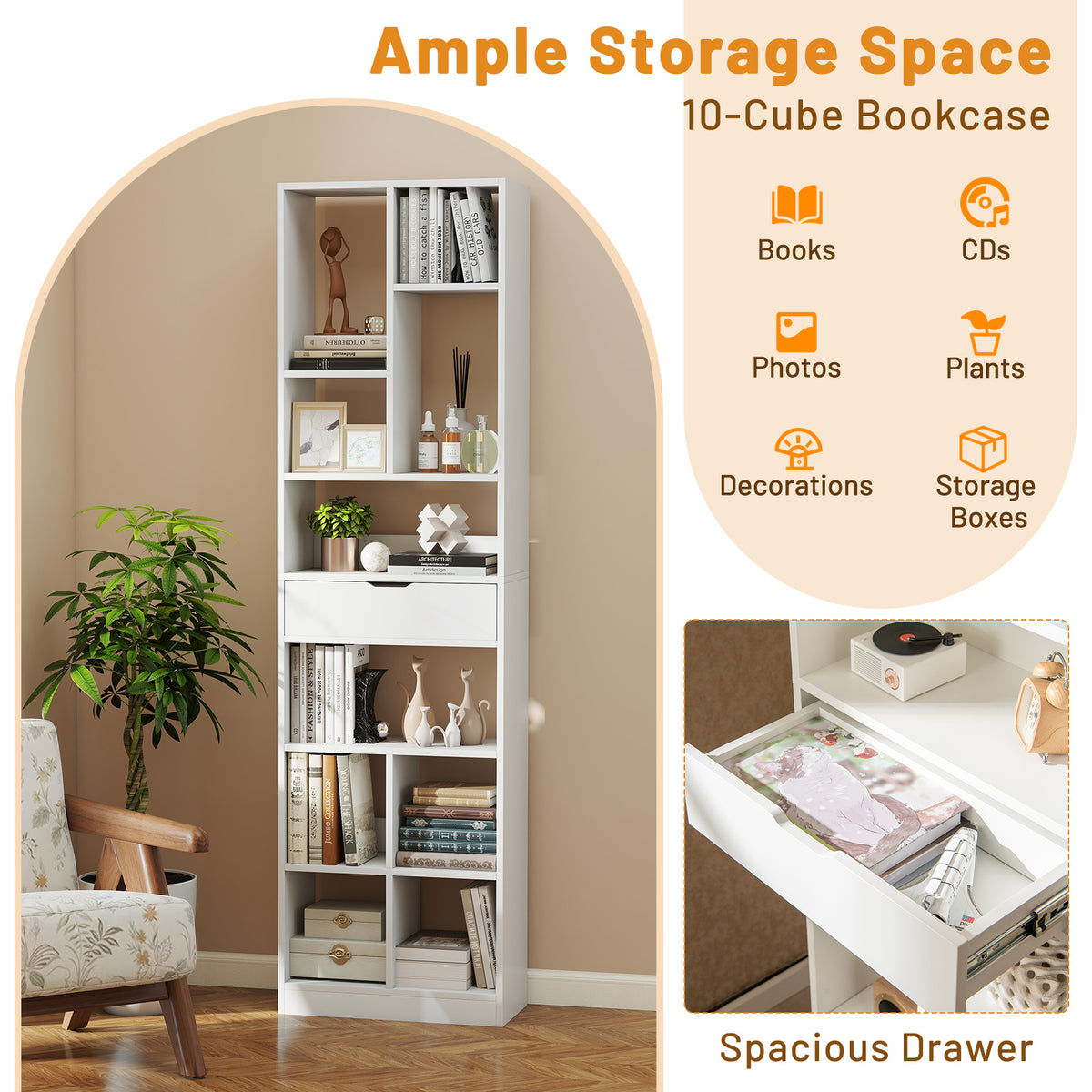 7-tier Bookshelf with Drawer 180cm Floor Standing Display Rack
