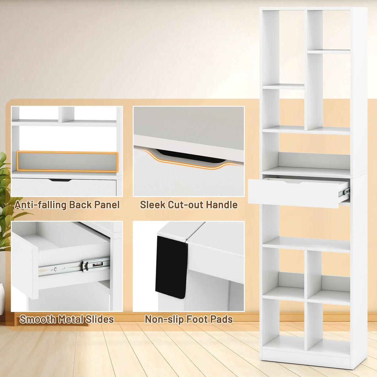 7-tier Bookshelf with Drawer 180cm Floor Standing Display Rack
