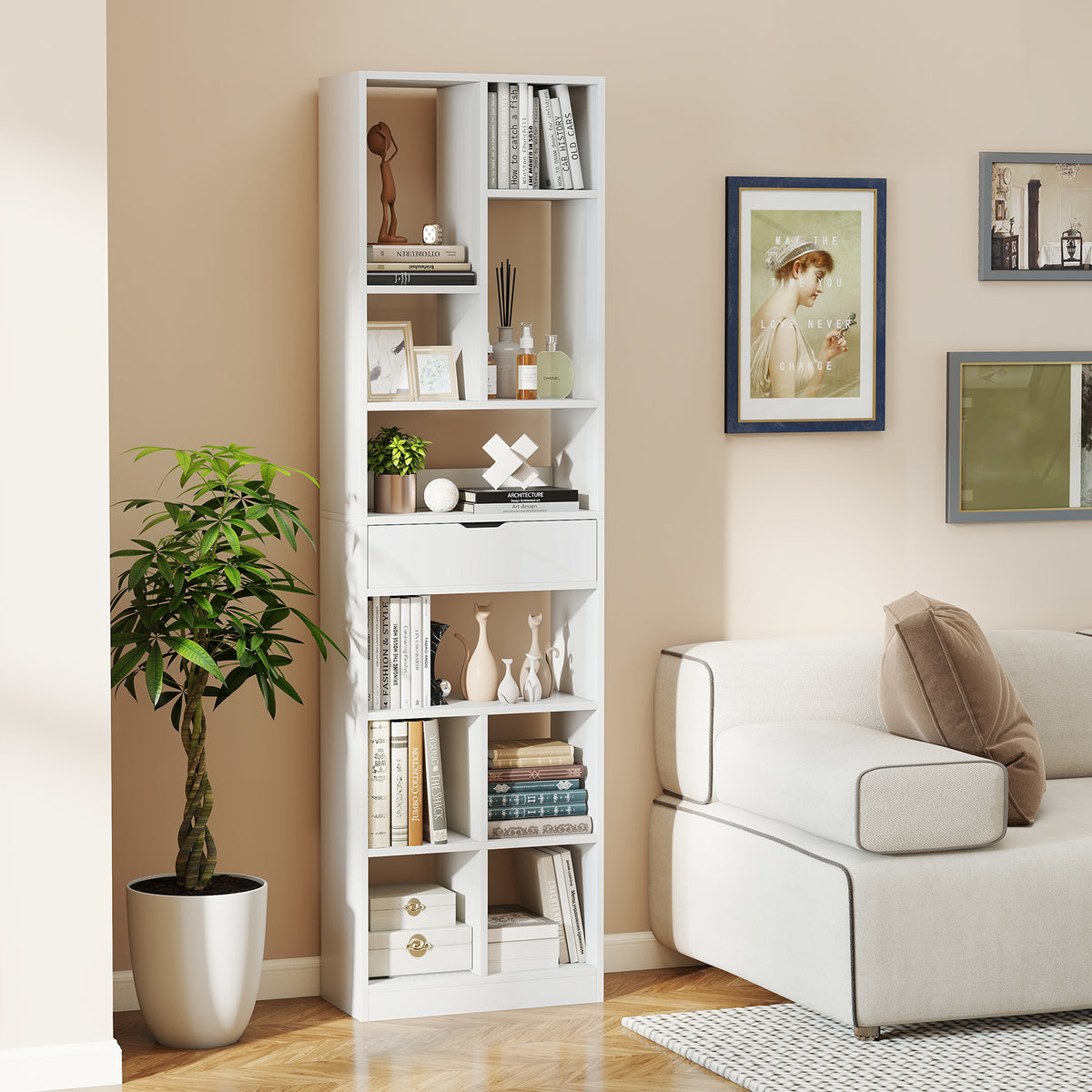 7-tier Bookshelf with Drawer 180cm Floor Standing Display Rack