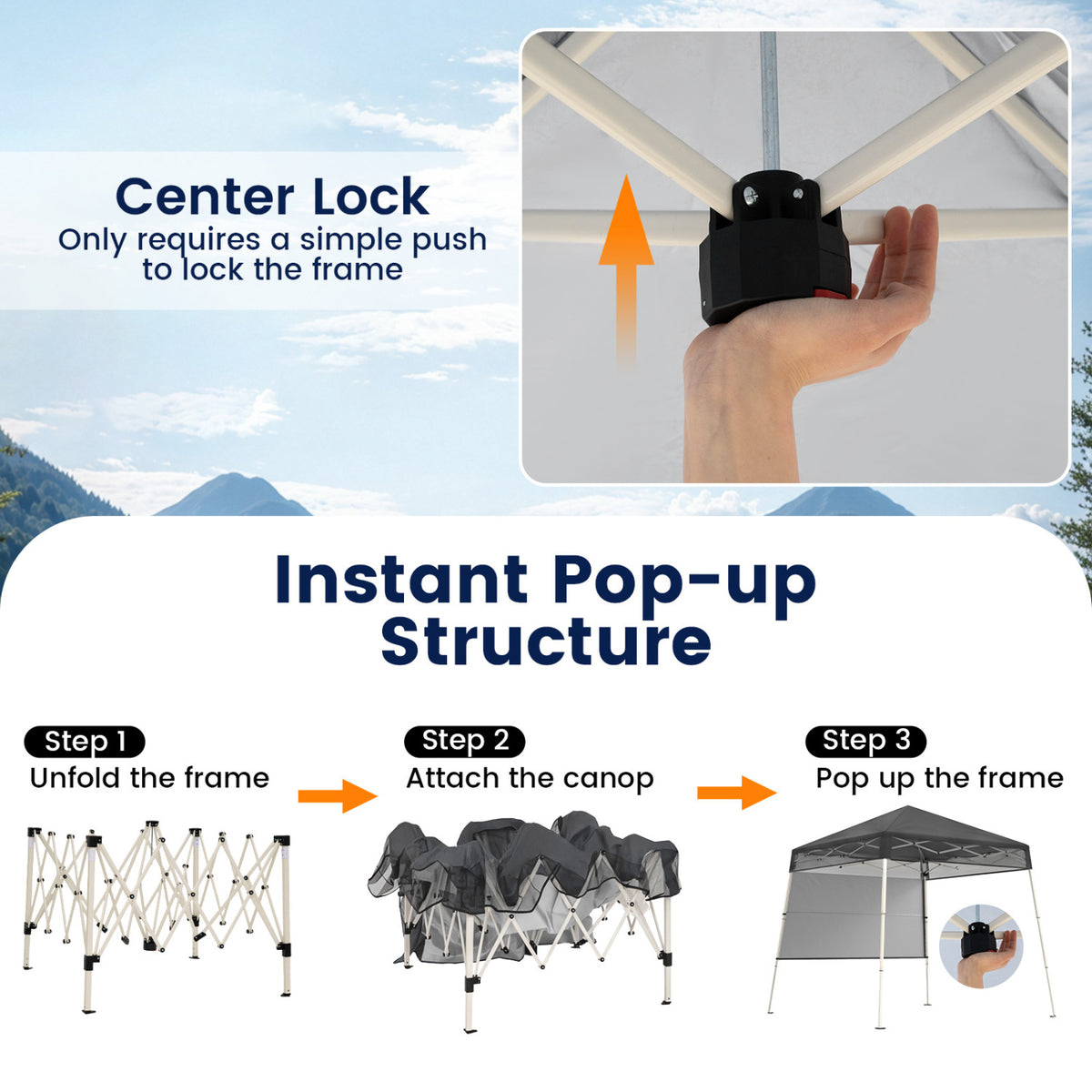 7 x 7 FT Pop-Up Canopy Tent with Center Lock - Gray Mesh