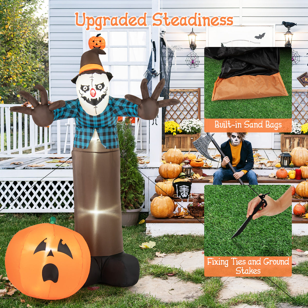 7 FT Inflatable Haunted Halloween Decor with LED Lights - Scarecrow Pumpkin Ghost