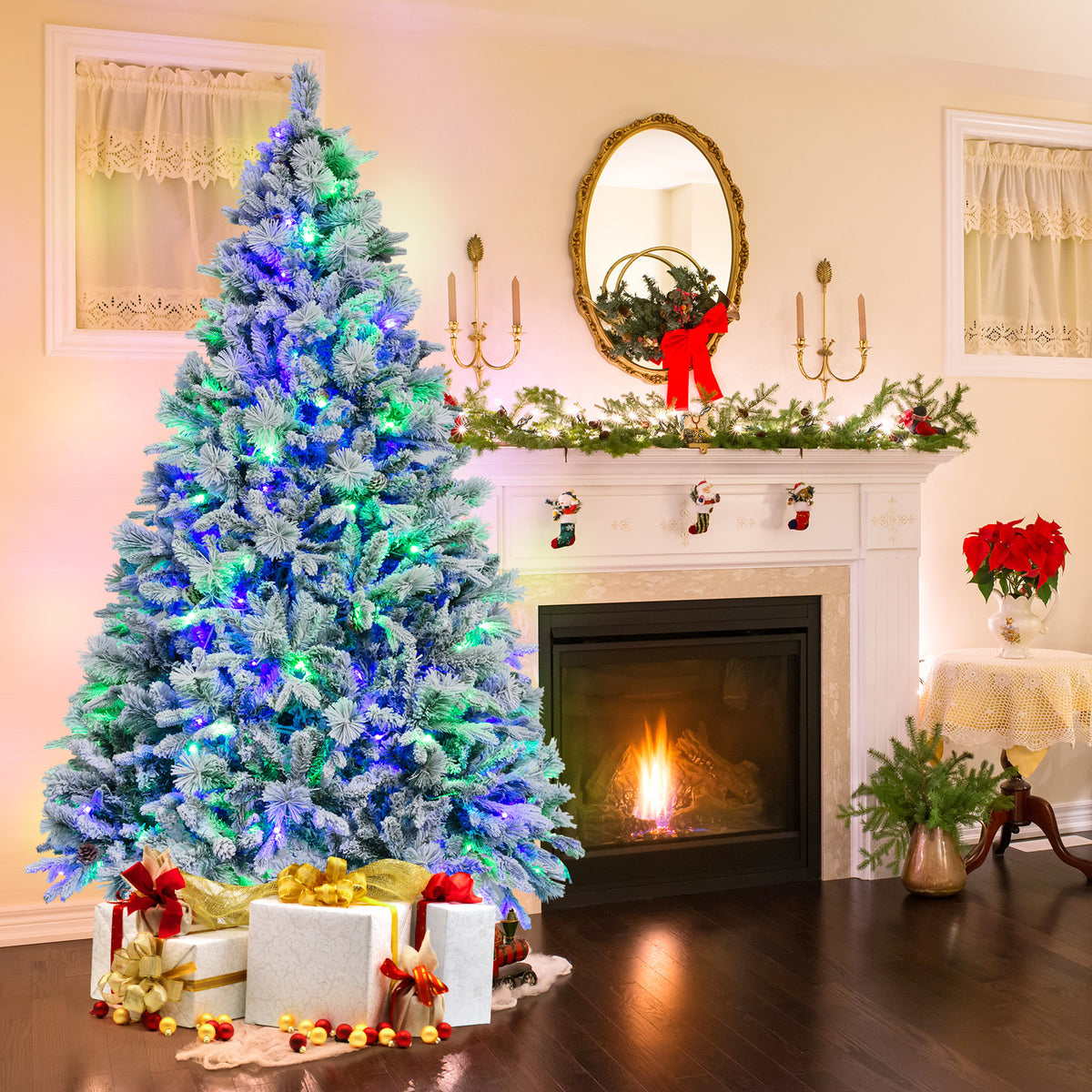 4.5/6/7 Feet Artificial Xmas Tree with Pine Needles and LED Lights - 7 ft