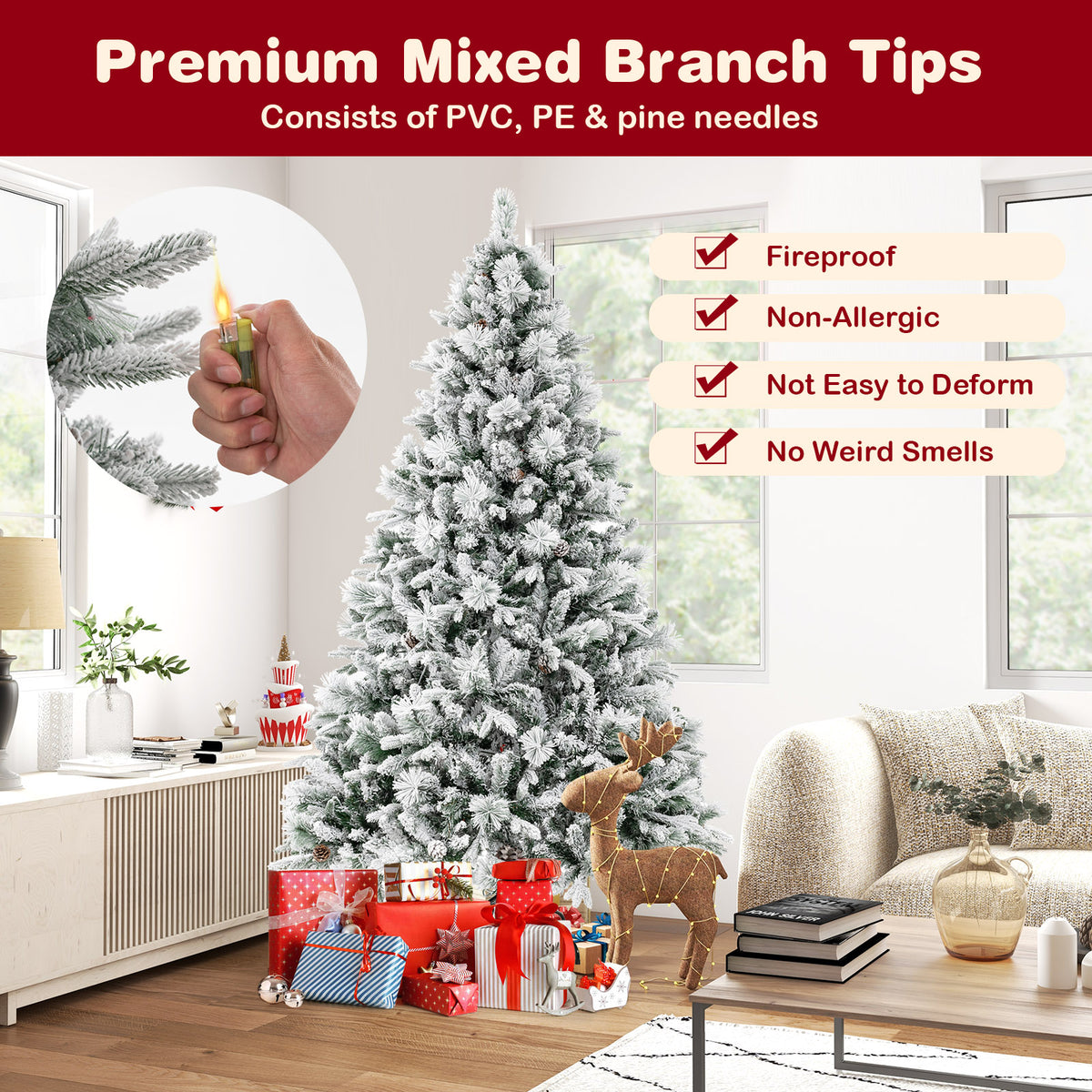 4.5/6/7 Feet Artificial Xmas Tree with Pine Needles and LED Lights - 7 ft