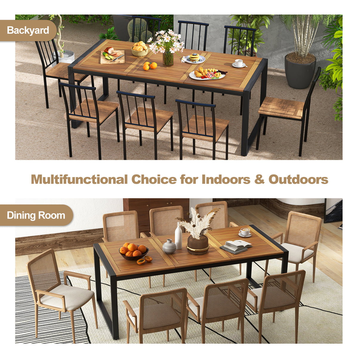 79 Inch Acacia Wood Patio Table with 1.9 Umbrella Hole for Garden and