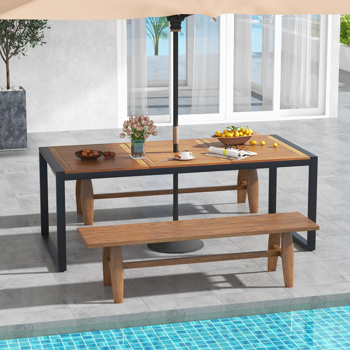 79 Inch Acacia Wood Patio Table with 1.9 Umbrella Hole for Garden and