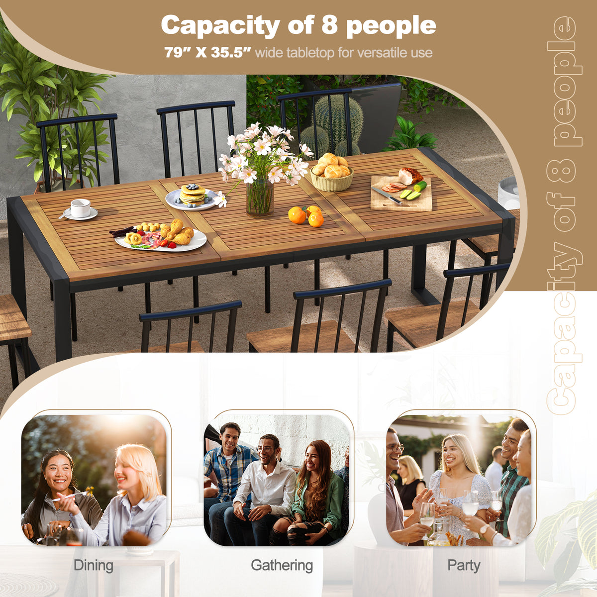 79 Inch Acacia Wood Patio Table with 1.9 Umbrella Hole for Garden and