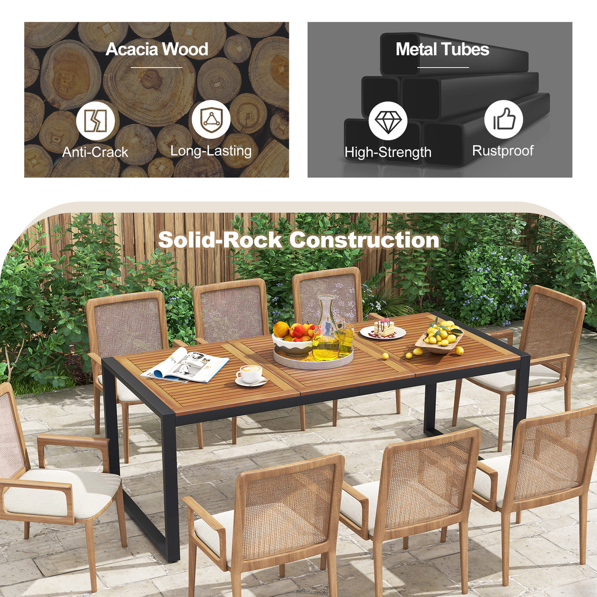 79 Inch Acacia Wood Patio Table with 1.9 Umbrella Hole for Garden and