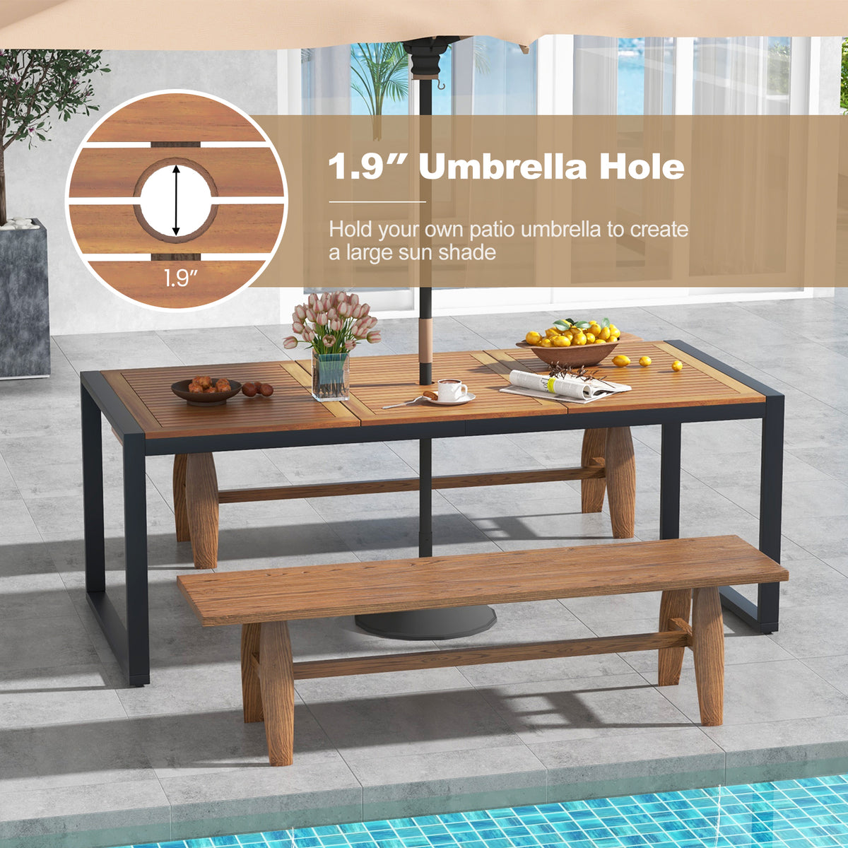 79 Inch Acacia Wood Patio Table with 1.9 Umbrella Hole for Garden and