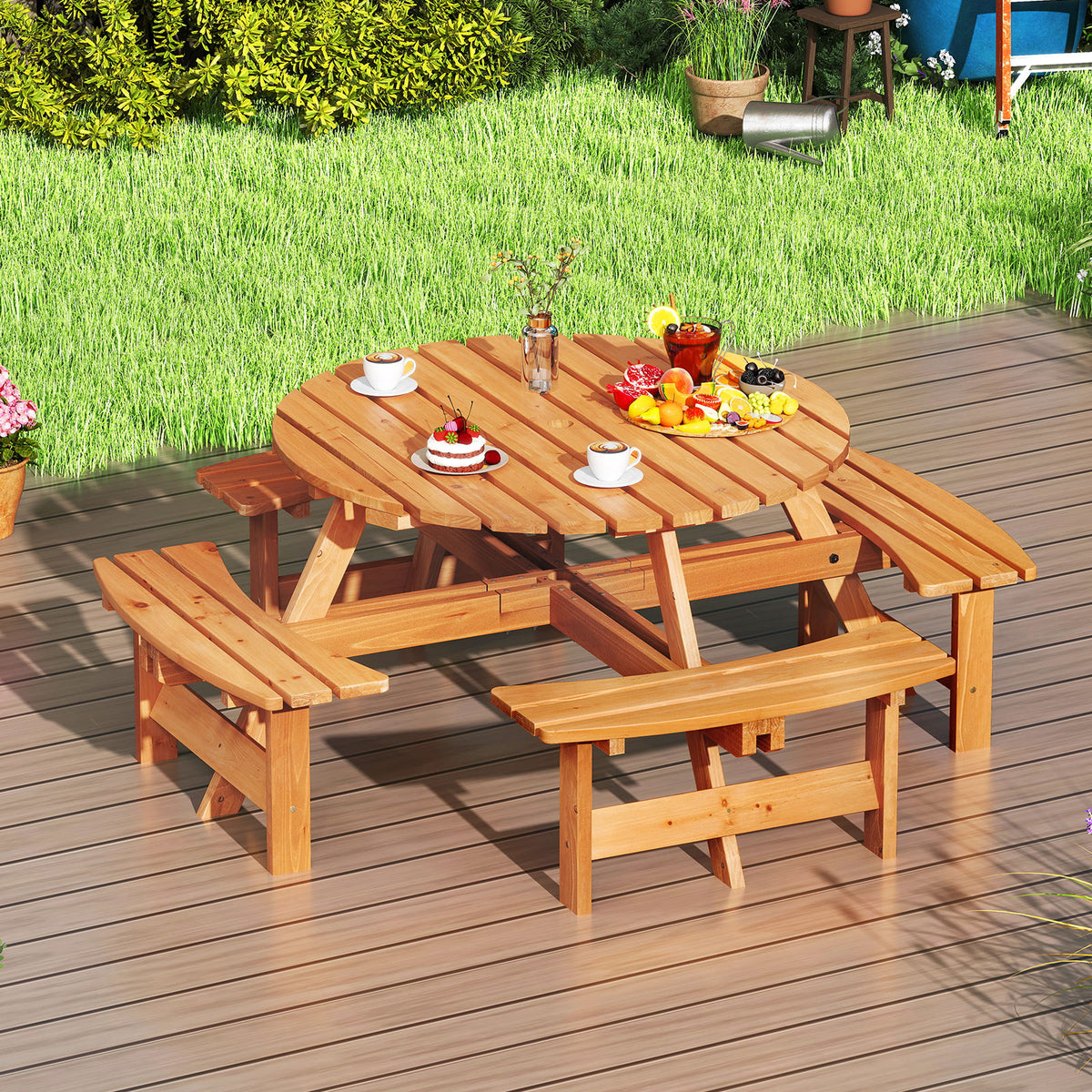 8-Person Round Picnic Table Set Circular Patio Dining Camping with