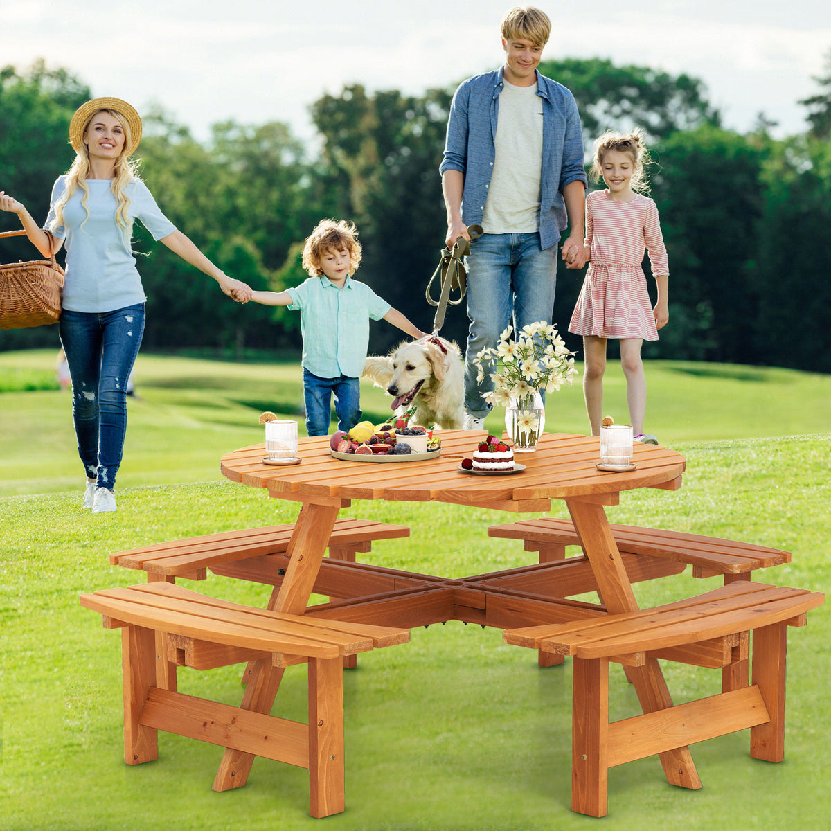 8-Person Round Picnic Table Set Circular Patio Dining Camping with