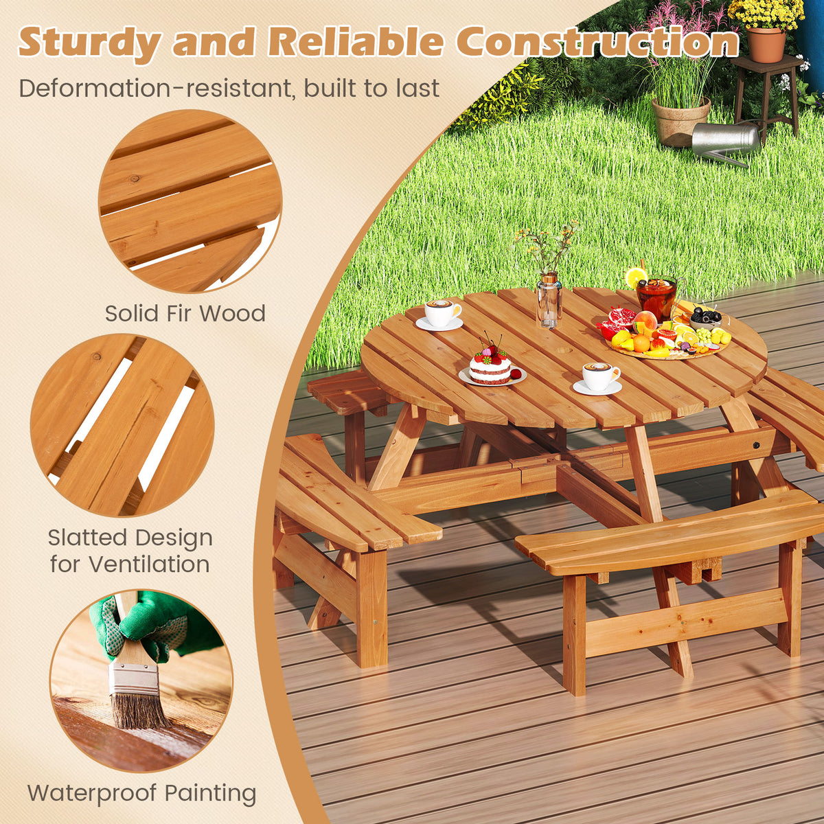 8-Person Round Picnic Table Set Circular Patio Dining Camping with