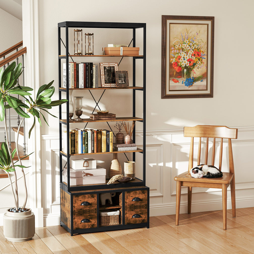 8-tier Bookshelf with 4 Fabric Drawers and Heavy-duty Metal Frame