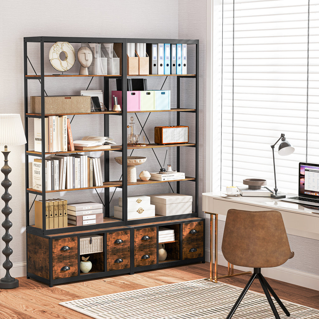 8-tier Bookshelf with 4 Fabric Drawers and Heavy-duty Metal Frame