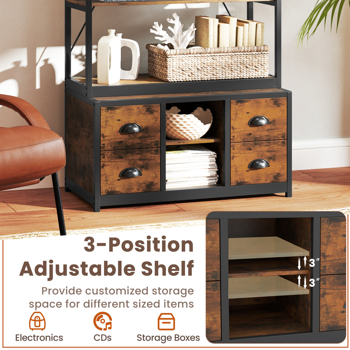 8-tier Bookshelf with 4 Fabric Drawers and Heavy-duty Metal Frame
