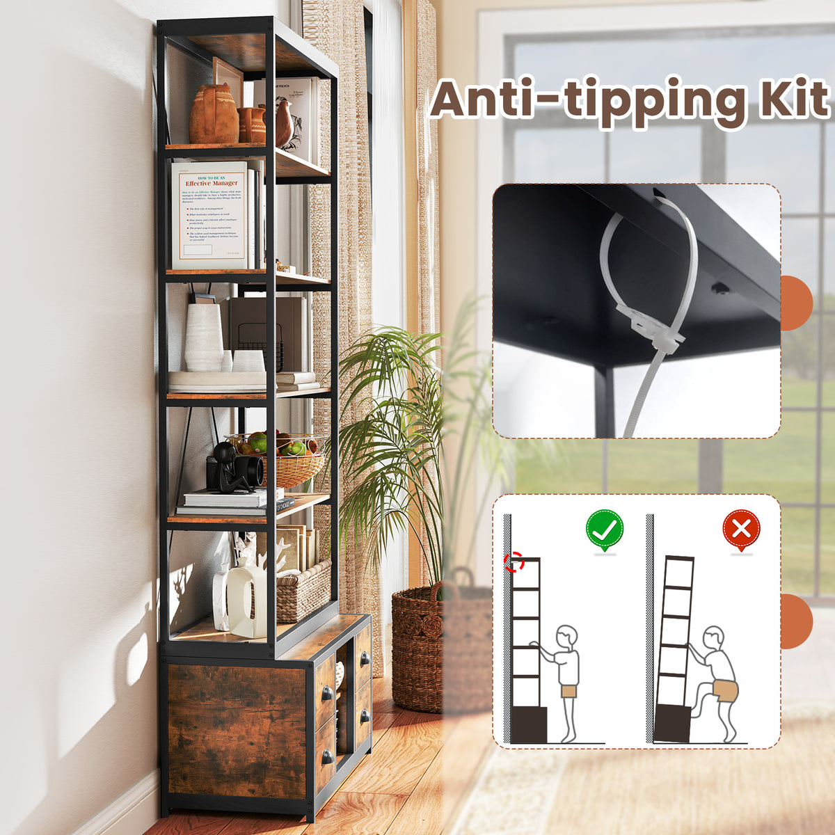 8-tier Bookshelf with 4 Fabric Drawers and Heavy-duty Metal Frame
