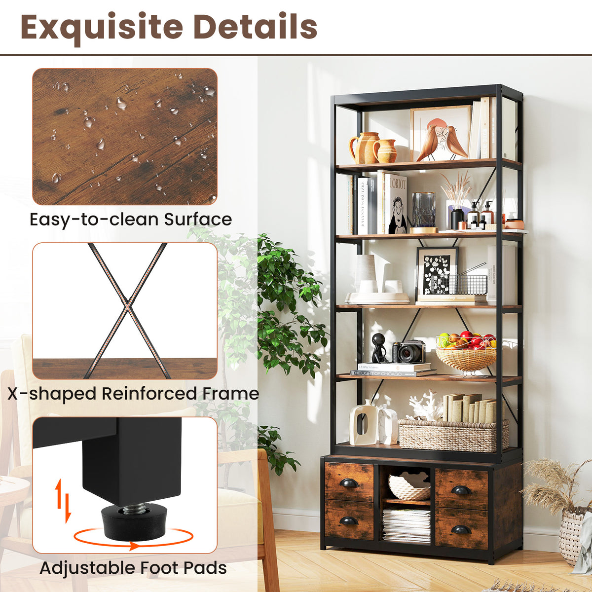 8-tier Bookshelf with 4 Fabric Drawers and Heavy-duty Metal Frame