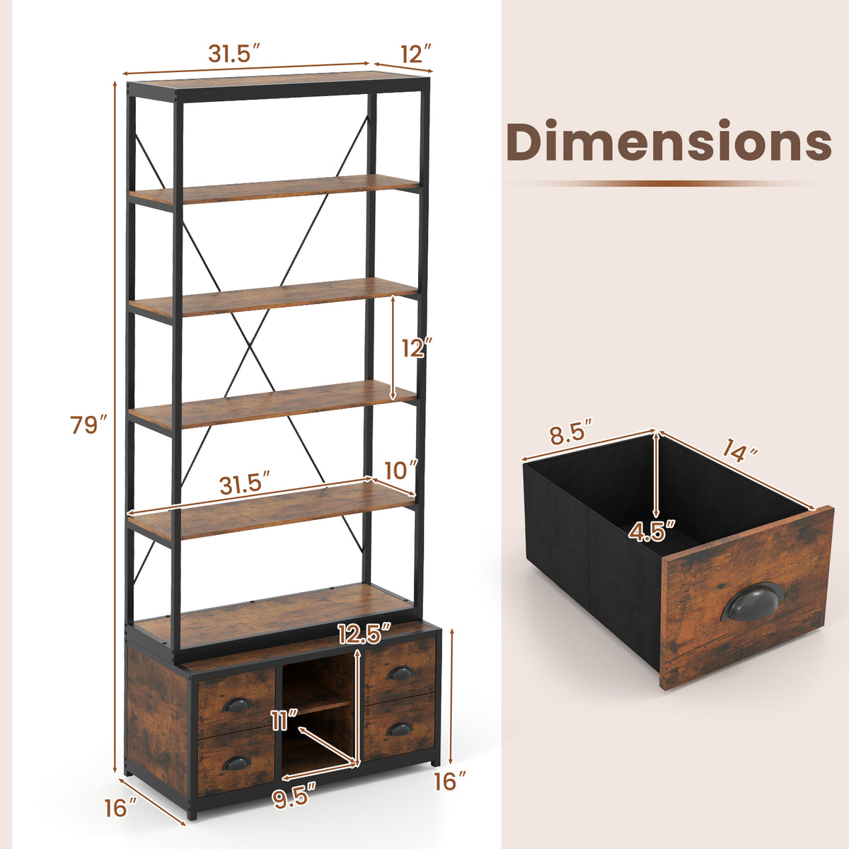 8-tier Bookshelf with 4 Fabric Drawers and Heavy-duty Metal Frame