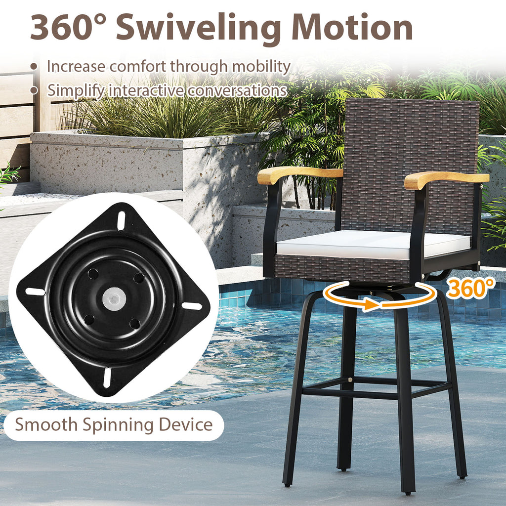 Outdoor 360° Swivel Bar Stool with Cushion, Acacia Wood Armrests - Style 2