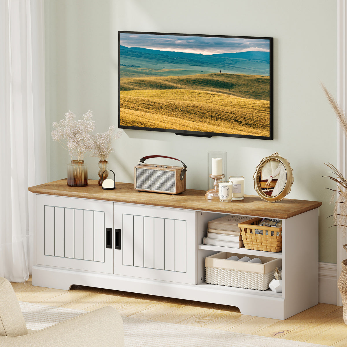 Farmhouse TV Stand for 65-Inch TVs with Sliding Doors - White
