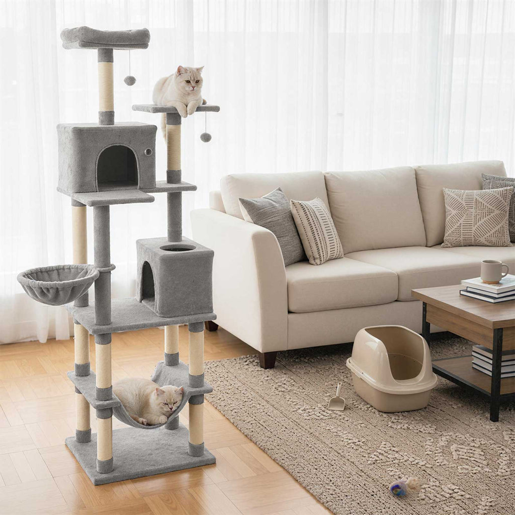 80 Inches Tall Cat Tree with 2 Large Condos, Perches & Dangling Toys - Light Gray