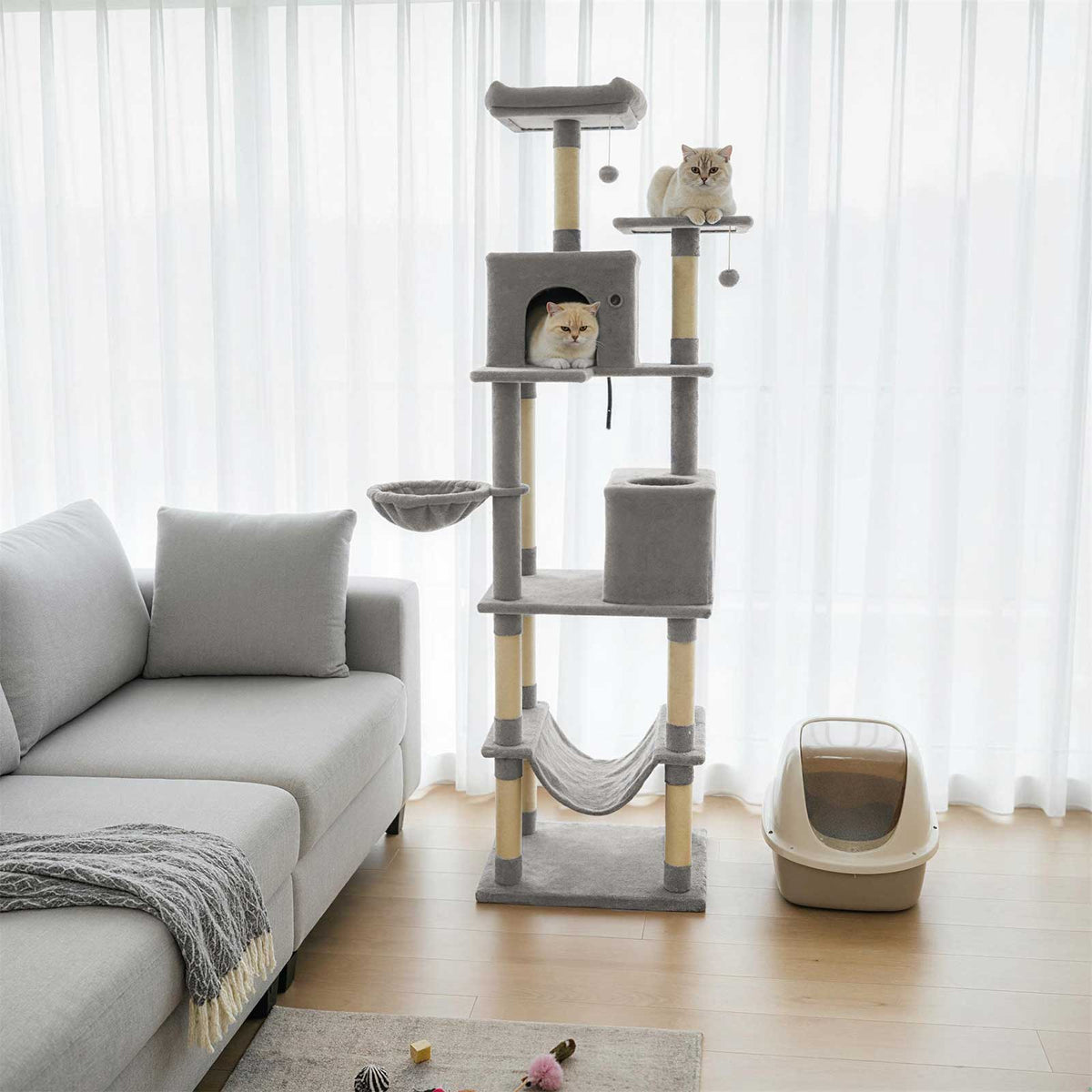 80 Inches Tall Cat Tree with 2 Large Condos, Perches & Dangling Toys - Light Gray
