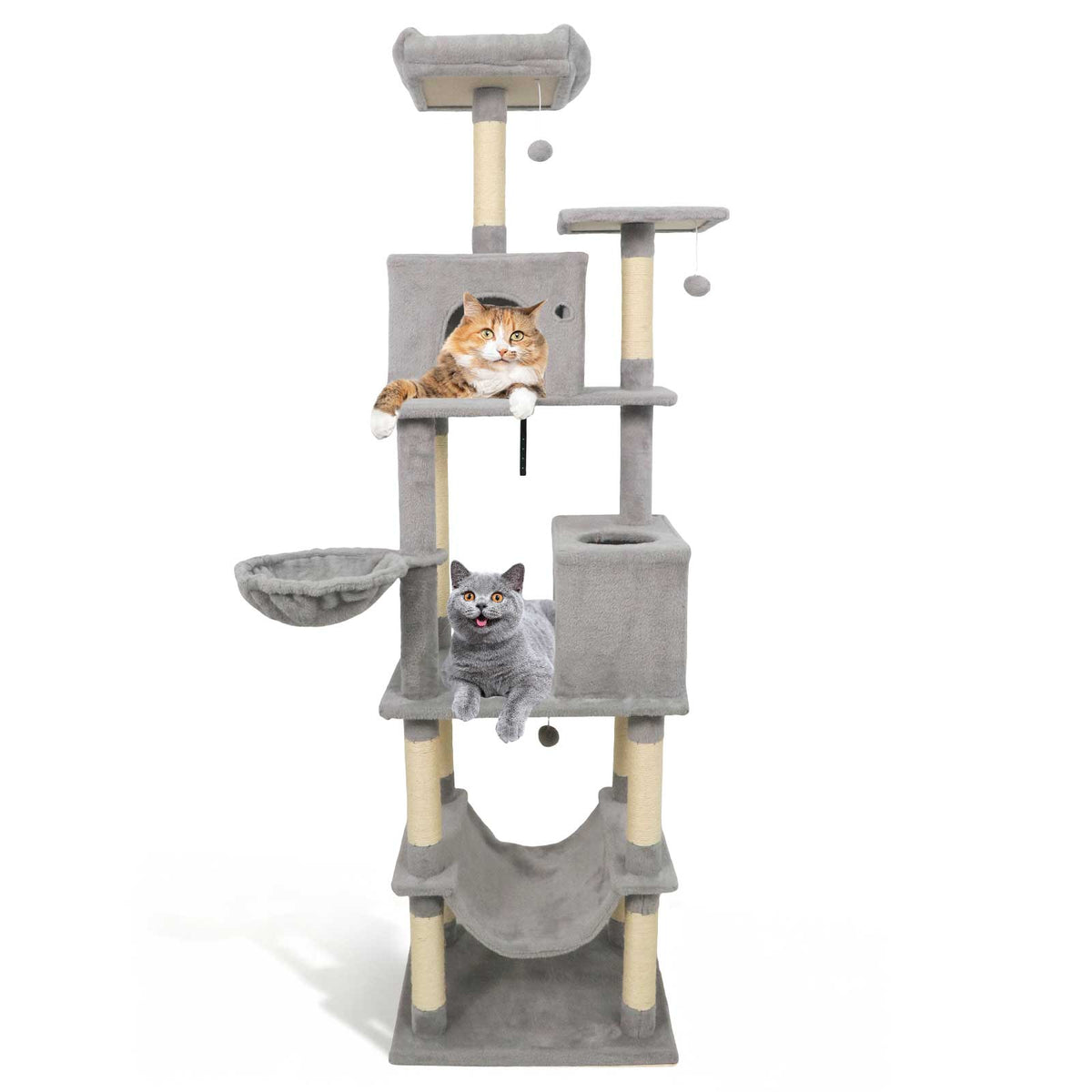 80 Inches Tall Cat Tree with 2 Large Condos, Perches & Dangling Toys - Light Gray