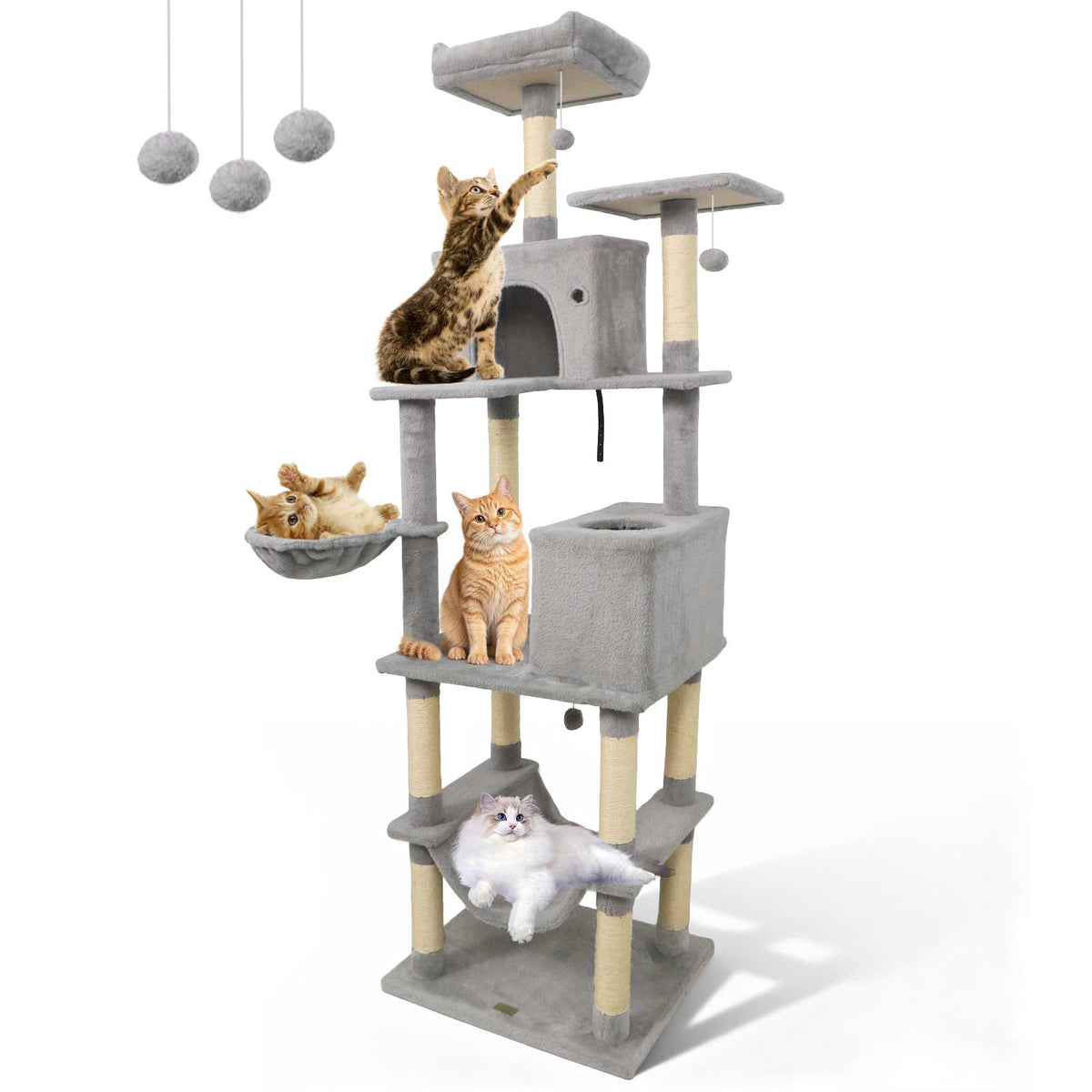 80 Inches Tall Cat Tree with 2 Large Condos, Perches & Dangling Toys - Light Gray