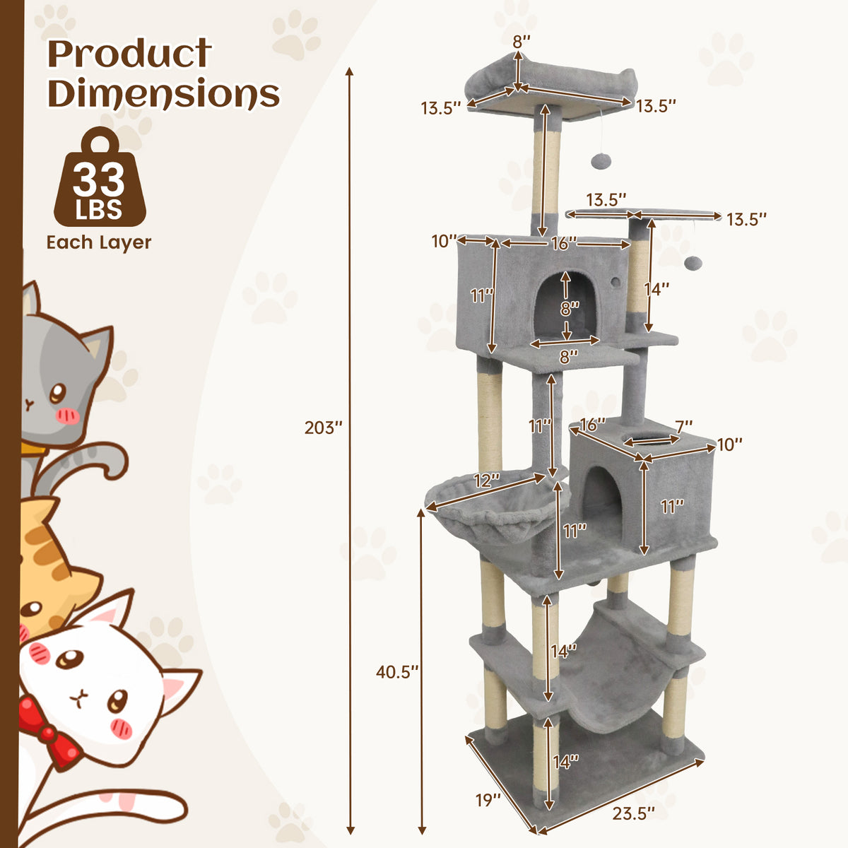 80 Inches Tall Cat Tree with 2 Large Condos, Perches & Dangling Toys - Light Gray