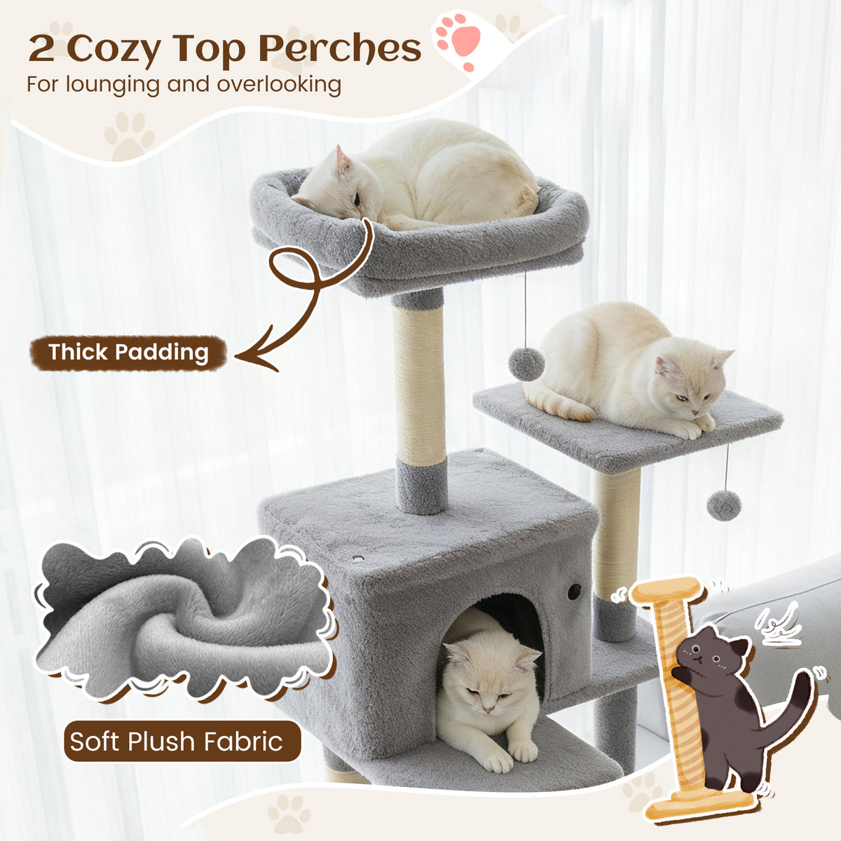 80 Inches Tall Cat Tree with 2 Large Condos, Perches & Dangling Toys - Light Gray