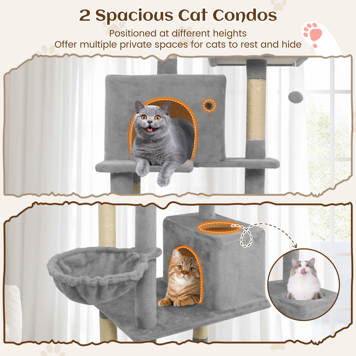80 Inches Tall Cat Tree with 2 Large Condos, Perches & Dangling Toys - Light Gray