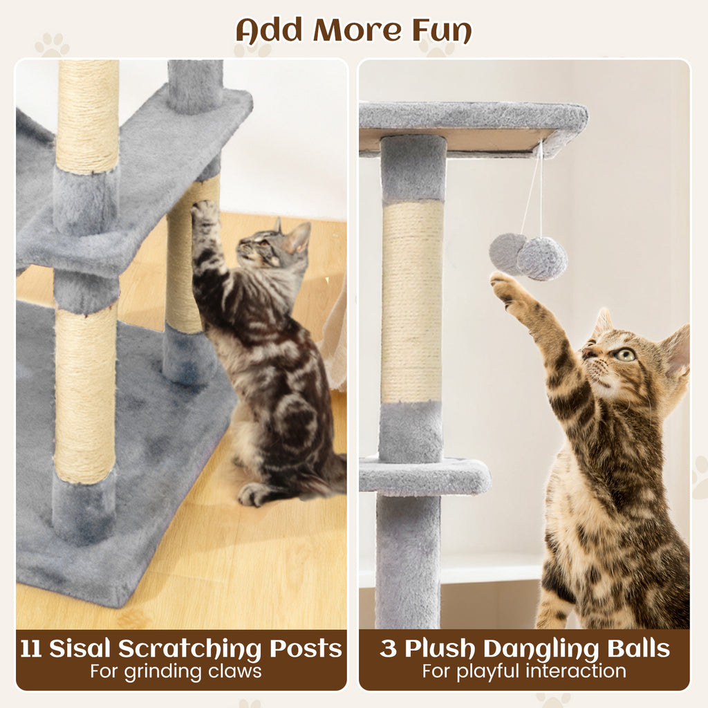 80 Inches Tall Cat Tree with 2 Large Condos, Perches & Dangling Toys - Light Gray