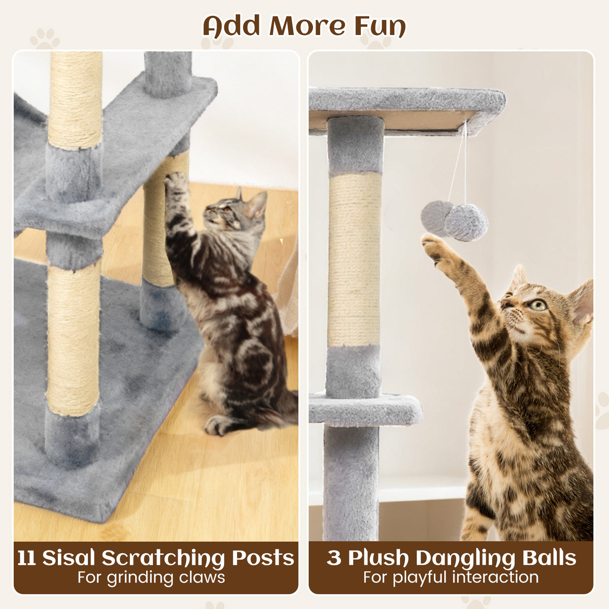 80 Inches Tall Cat Tree with 2 Large Condos, Perches & Dangling Toys - Light Gray