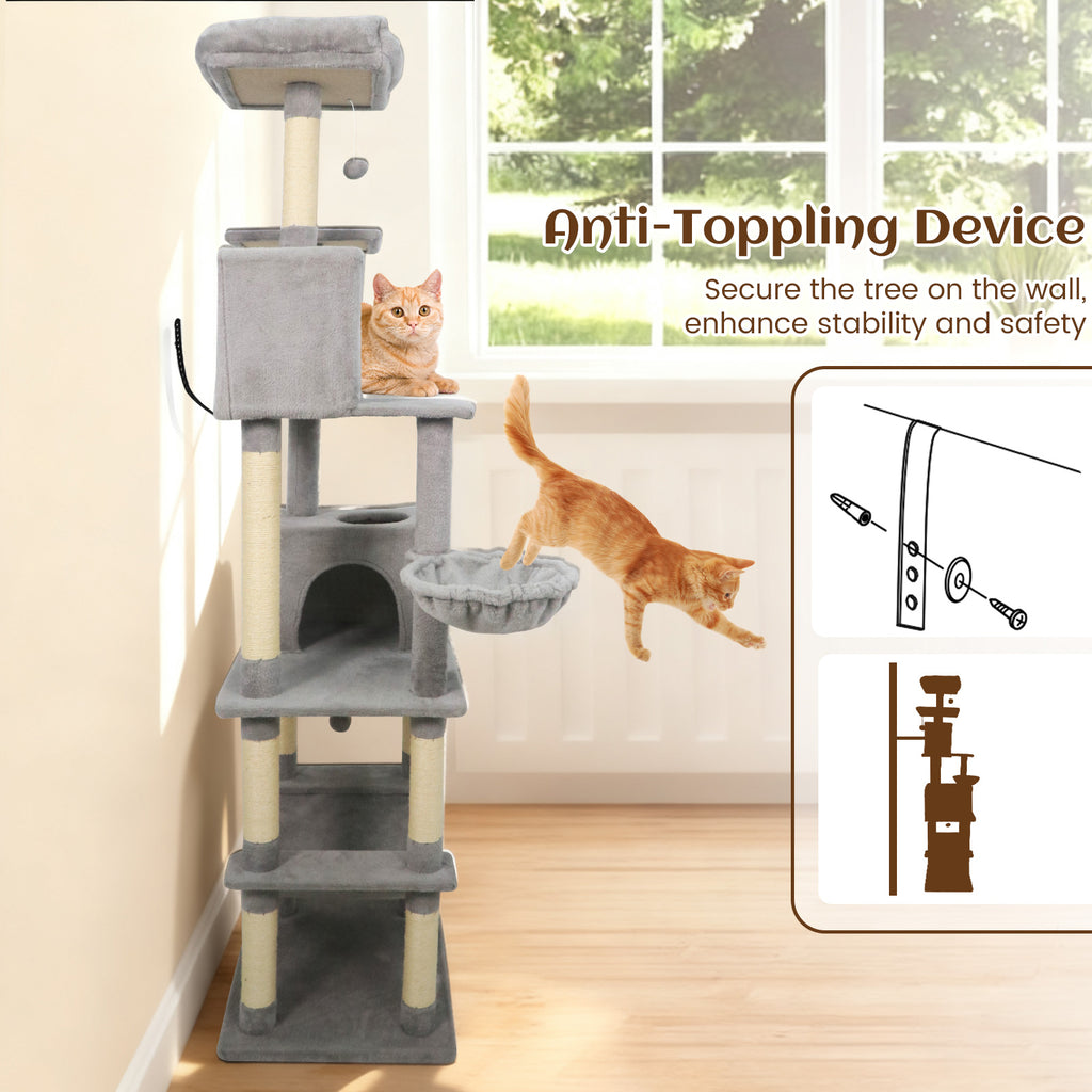 80 Inches Tall Cat Tree with 2 Large Condos, Perches & Dangling Toys - Light Gray