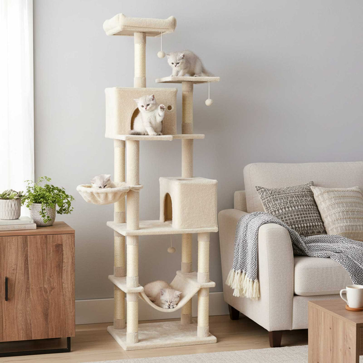 80 Inch Tall Cat Tree with 2 Large Condos and Dangling Toys - Beige Variation
