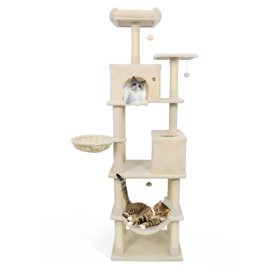 80 Inch Tall Cat Tree with 2 Large Condos and Dangling Toys - Beige Variation
