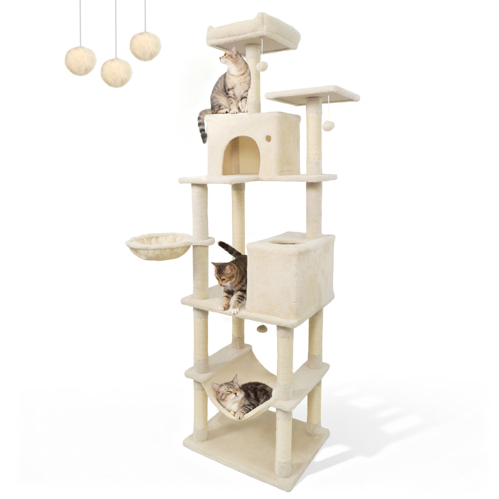 80 Inch Tall Cat Tree with 2 Large Condos and Dangling Toys - Beige Variation