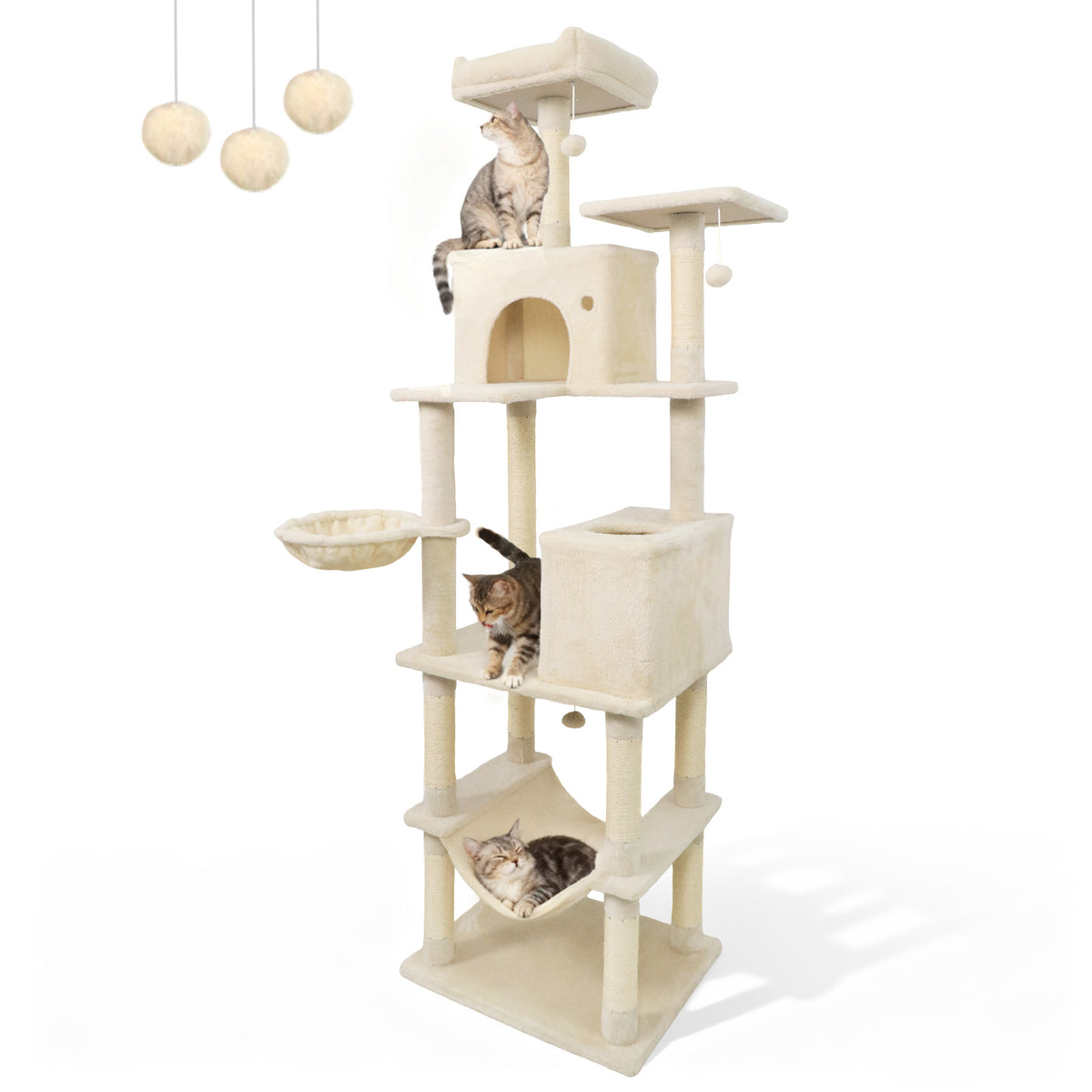 80 Inch Tall Cat Tree with 2 Large Condos and Dangling Toys - Beige Variation
